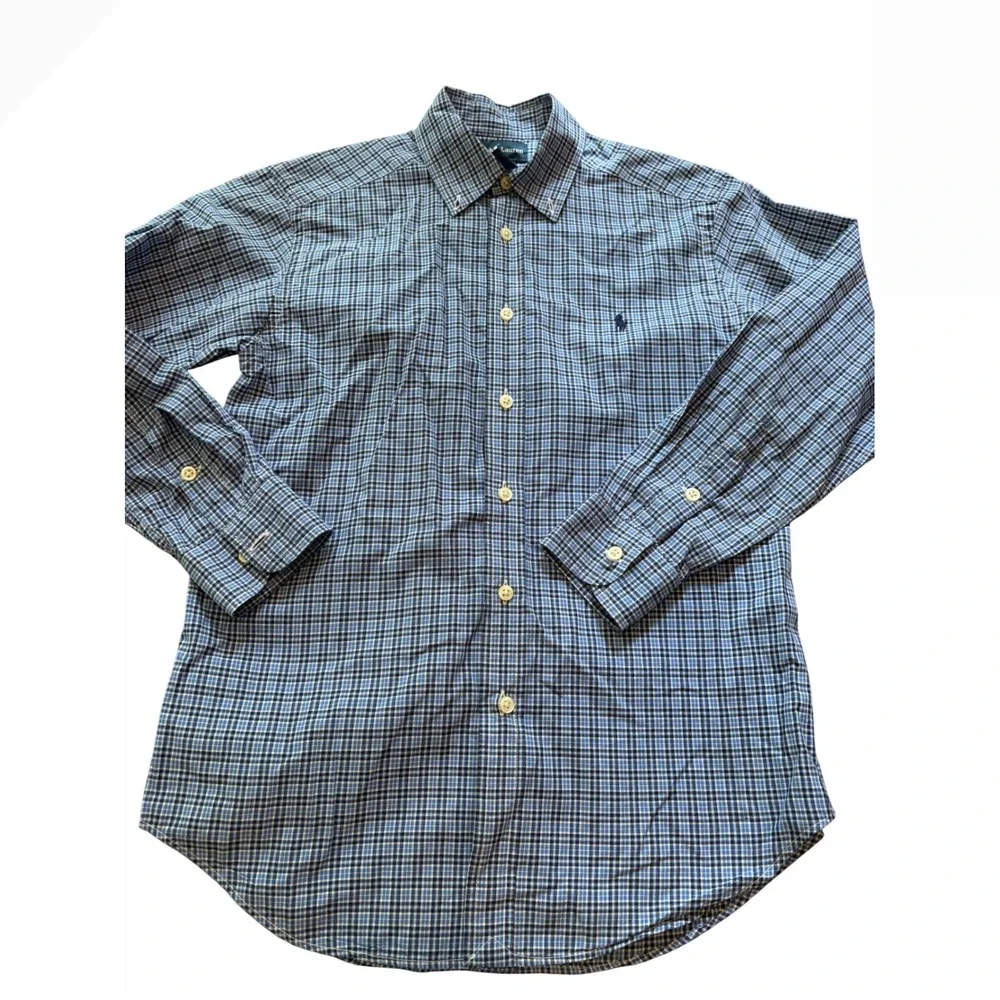 Ralph Lauren Boys Blue Plaid Button Down Shirt Long Sleeve Size M‎ 10-12 Cotton
